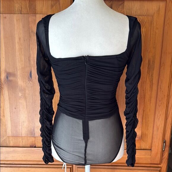 Hello Molly Elegant Black Ruched Mesh body suit.  Size Small.  Black. - Picture 3 of 5